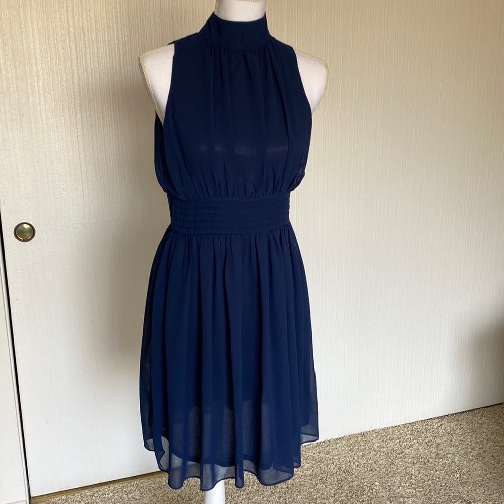 Classic navy blue halter mock neck dress